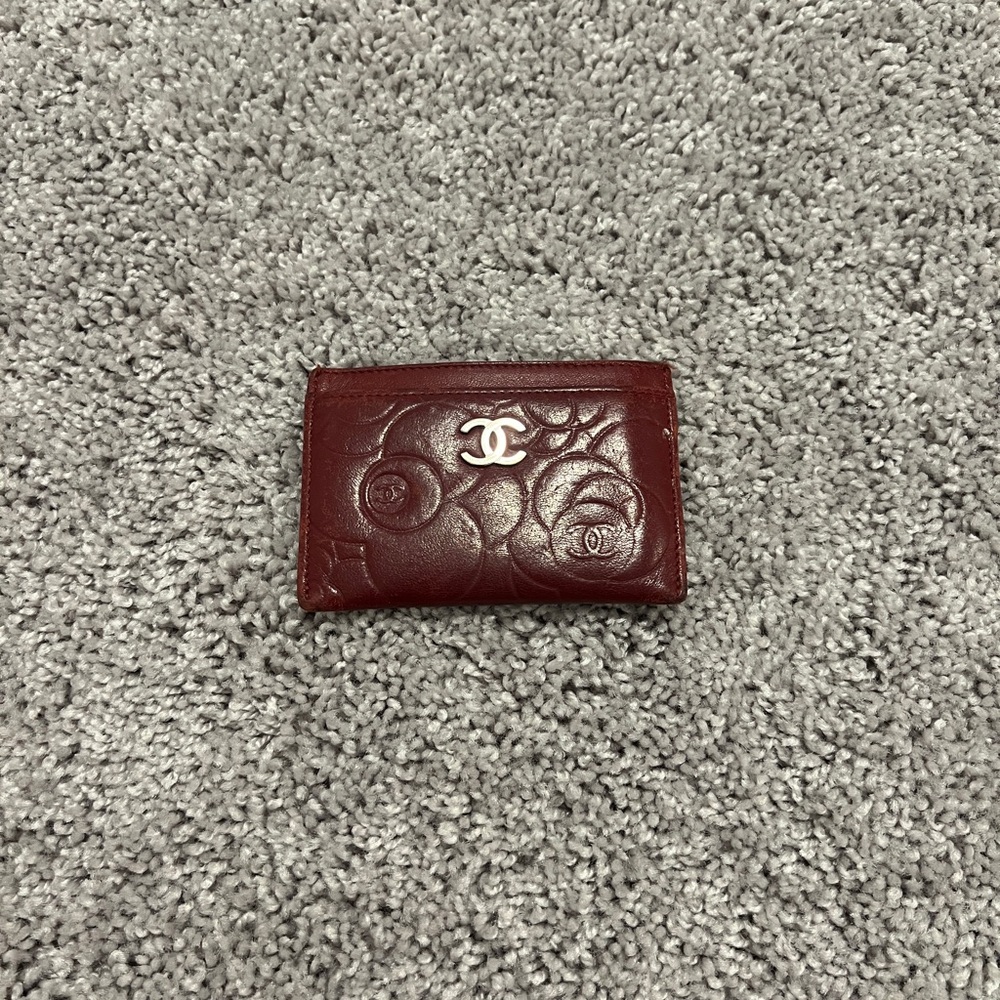 CHANEL Deep Red Floral Card Holder